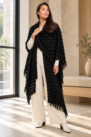 Black Textured Knit Blanket Scarf — 1. full body with head