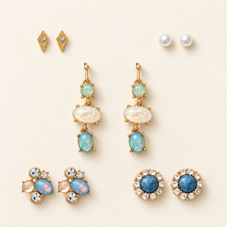 Five pairs of gold earrings with green and opalescent drops, multicolor clusters, pearl studs, diamond studs, and blue crystal halos on cream.