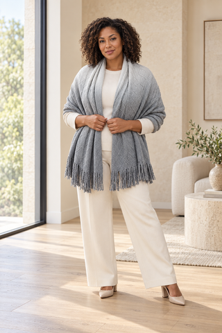 Gray Ombré Cable Knit Blanket Scarf — 1. full body with head