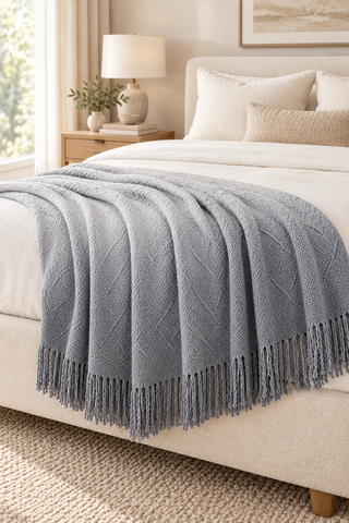 Gray Ombré Cable Knit Blanket Scarf — 5. styled as a blanket