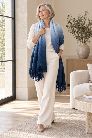 Navy Ombré Cable Knit Blanket Scarf — 1. full body with head