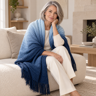 Navy Ombré Cable Knit Blanket Scarf — 4. model on a large chair