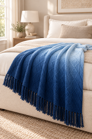 Navy Ombré Cable Knit Blanket Scarf — 5. styled as a blanket