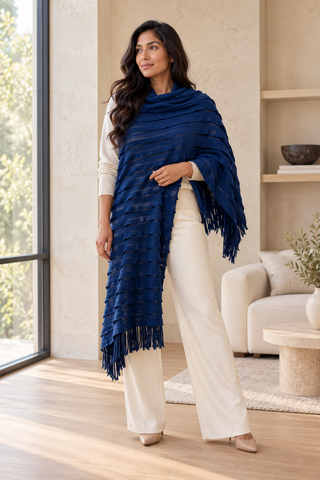 Navy Textured Knit Blanket Scarf — 1. full body with head