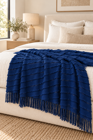 Navy Textured Knit Blanket Scarf — 5. styled as a blanket