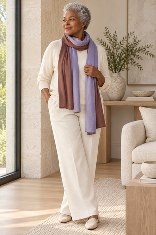 Purple and Mauve Color Block Shawl — 1. full body with head