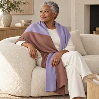 Purple and Mauve Color Block Shawl — 4. model on a large chair