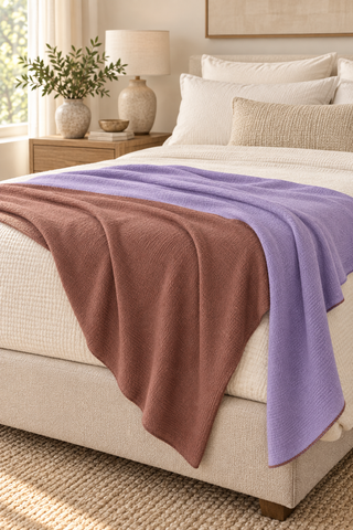 Purple and Mauve Color Block Shawl — 5. styled as a blanket