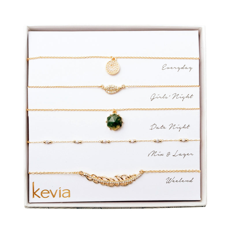 Green Stone & Gold Leaf Layered Necklace Set