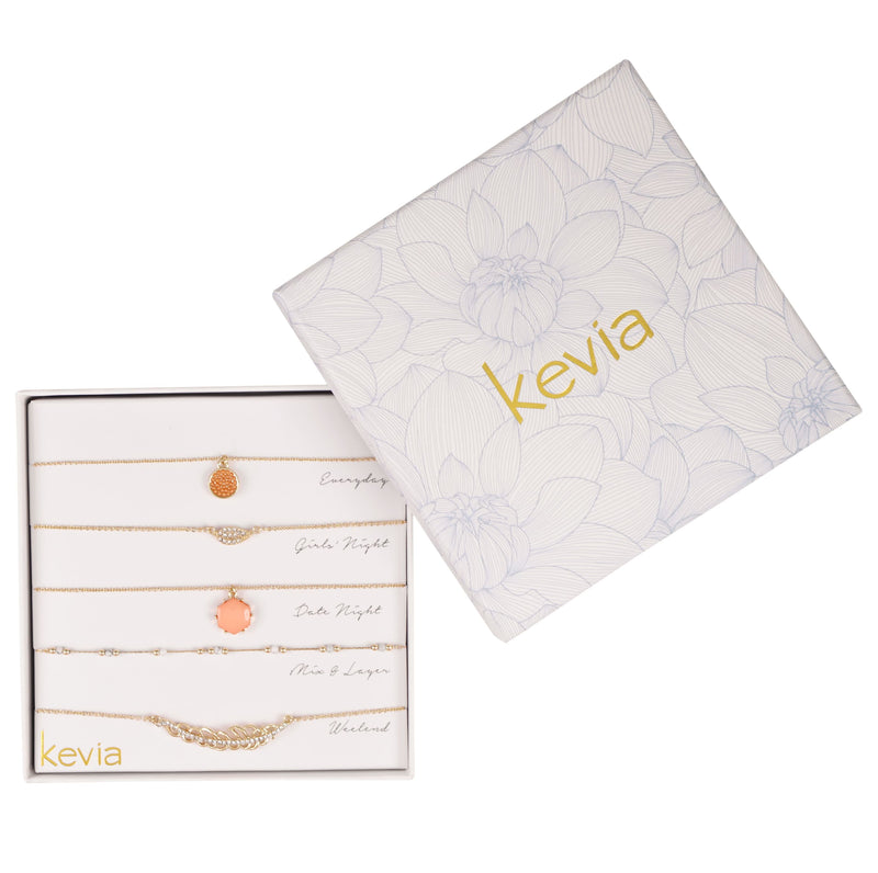 Coral & Gold Leaf Layered Necklace Set